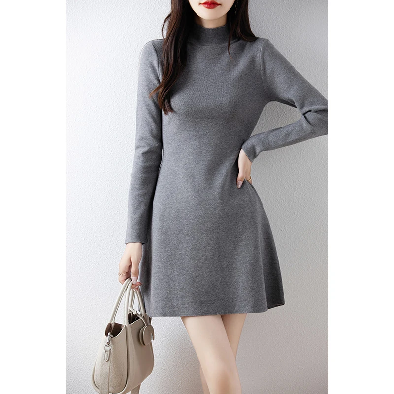 长袖修身包臀裙打底针织连衣裙女半高领舒适百搭减龄显瘦中长裙女