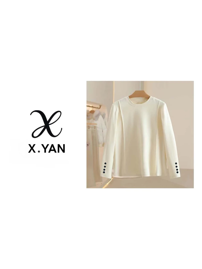 453法式圆领长袖白色T恤女宽松韩版不规则拼接减龄打底上衣9061