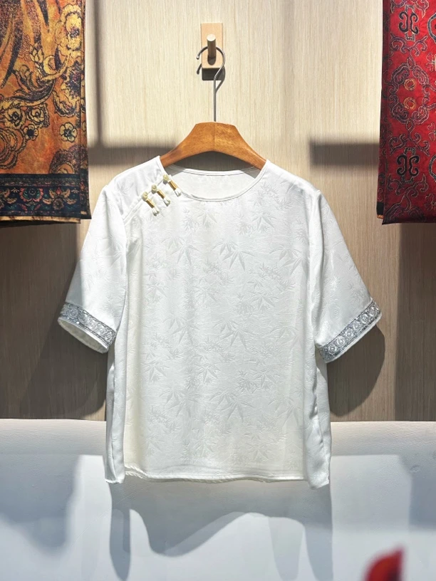竹韵流光—新中式桑蚕丝国风提花圆领重工亮片短袖小衫竹子zh-9038