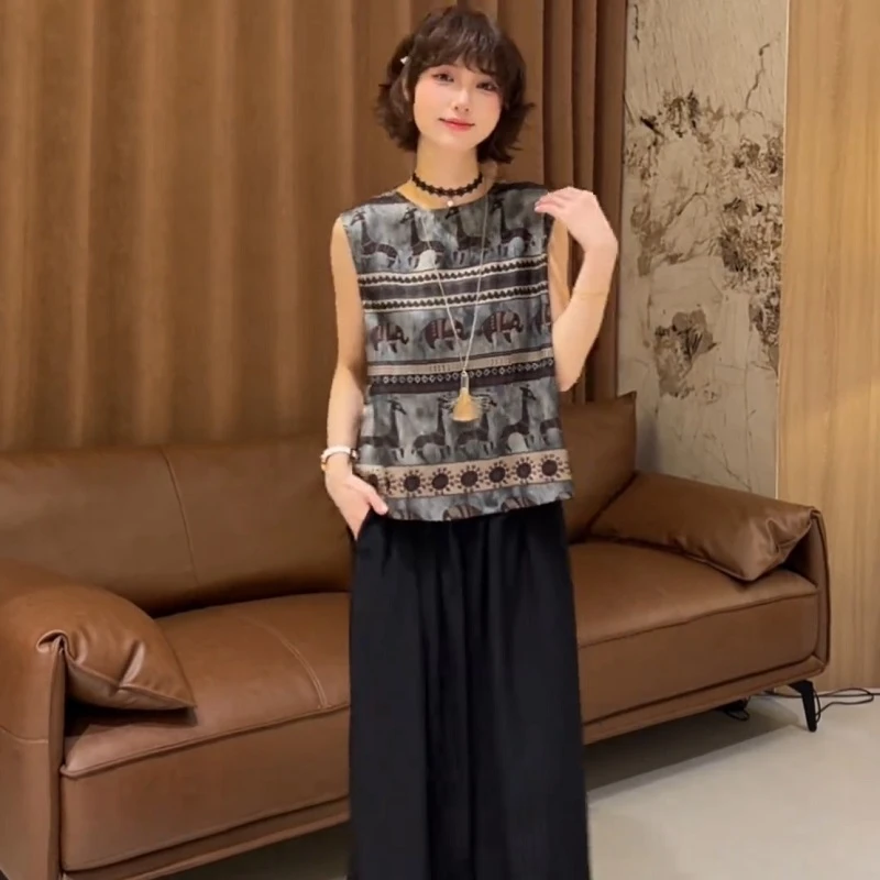 小个子印花减龄夏季无袖衬衫显瘦夏季通勤宽松背心上衣