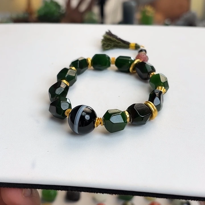 和田玉（碧玉）18K金镶嵌手链红皮老料