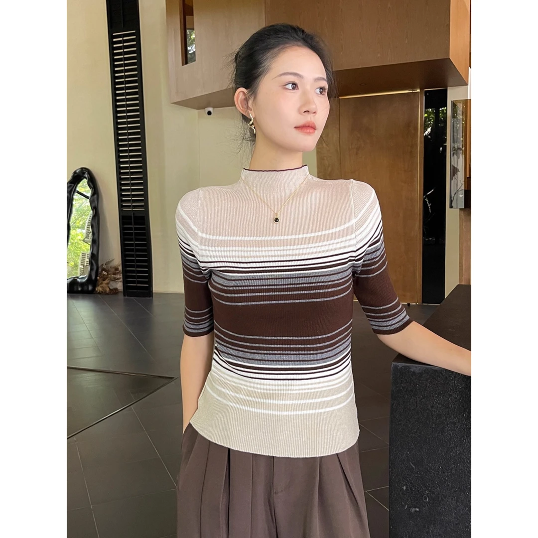半高领条纹针织打底衫女内搭秋季五分袖高级短袖t恤上衣中袖气质