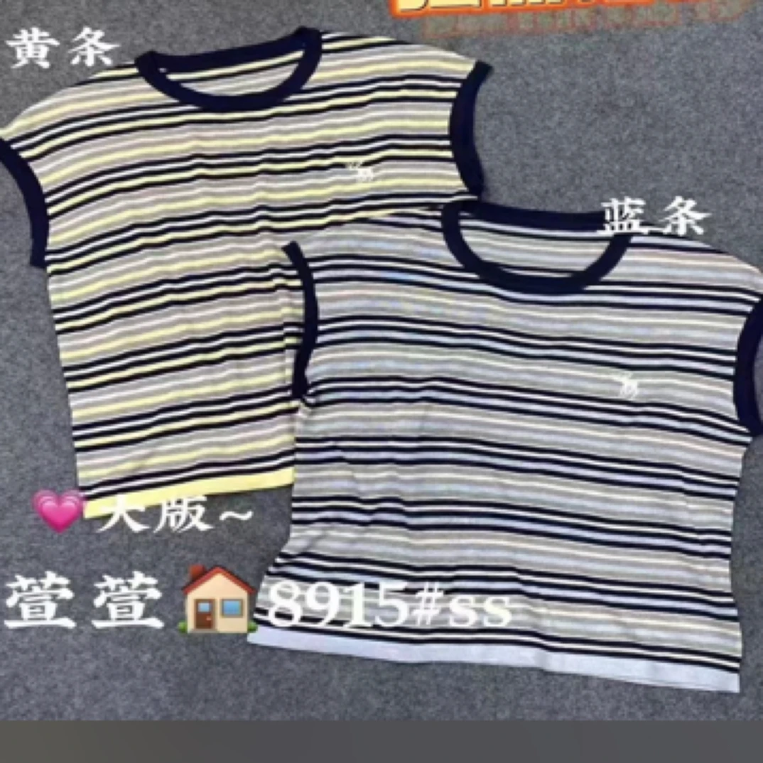 女条纹常规夏季短袖刺绣毛针织衫上衣套头圆领长袖