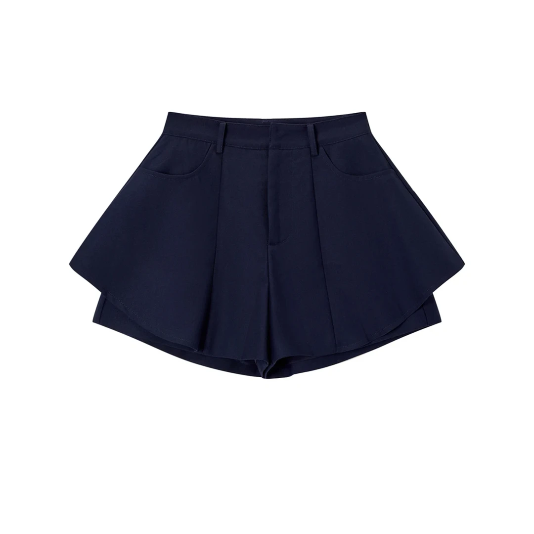 张元一同款女装小众设计感藏青色减龄裙裤女夏季款高腰阔腿短裤子