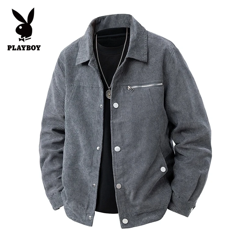 花花公子灯芯绒行政外套男士新款秋冬季保暖港风华夫格宽松夹克男