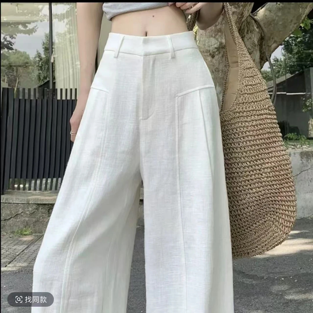 （现货加急+运费险）白色苎麻阔腿裤女薄款高腰垂感西装直筒9966