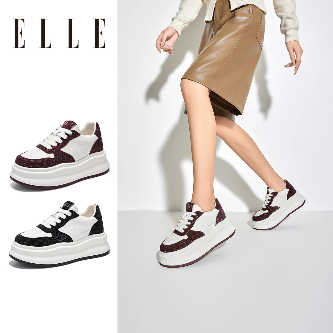 ELLE冰裂纹真皮水钻厚底小白鞋2025新款松糕女鞋百搭增高休闲板鞋