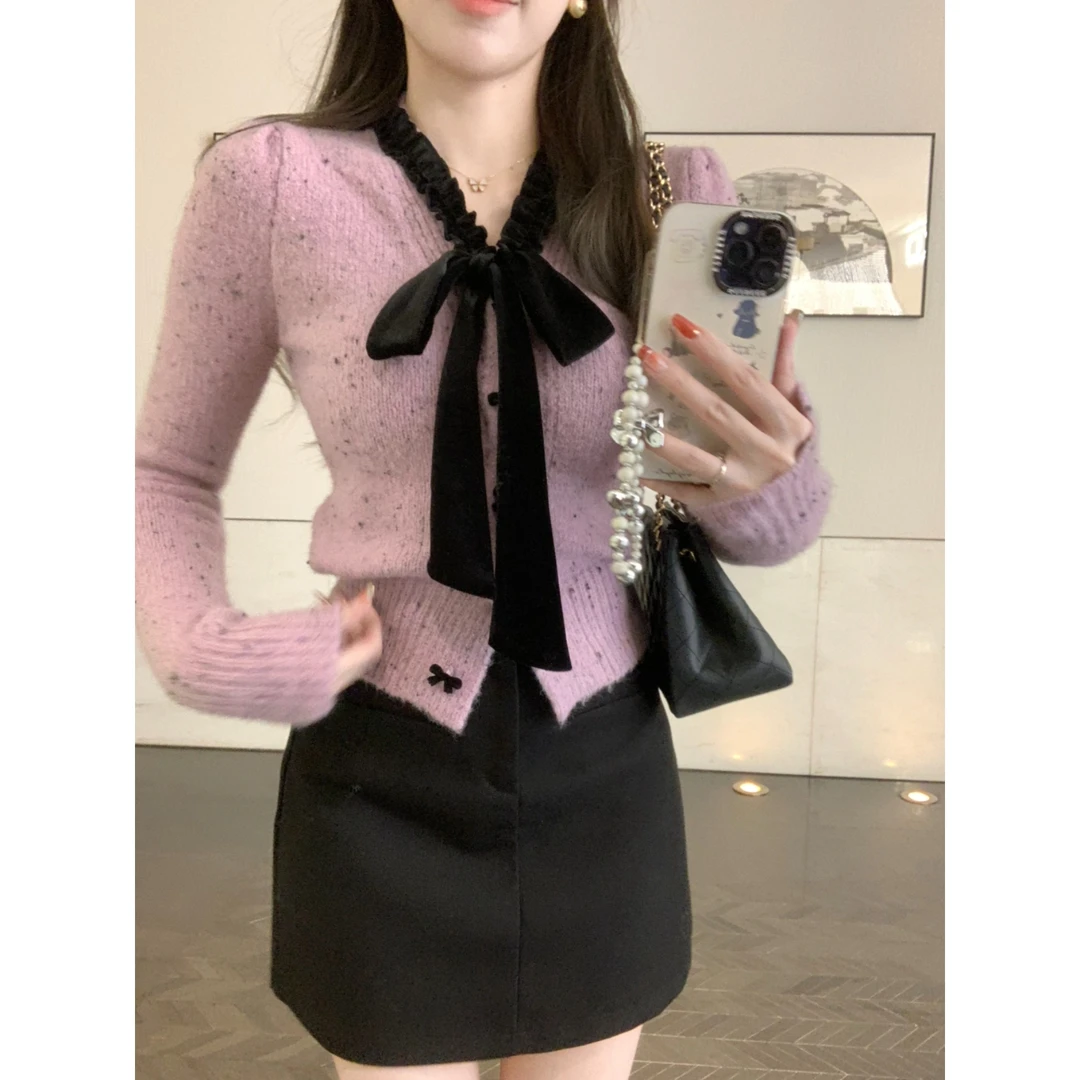 安安 气质木耳边丝绒绑带毛衣时尚法式名媛小香风秋冬