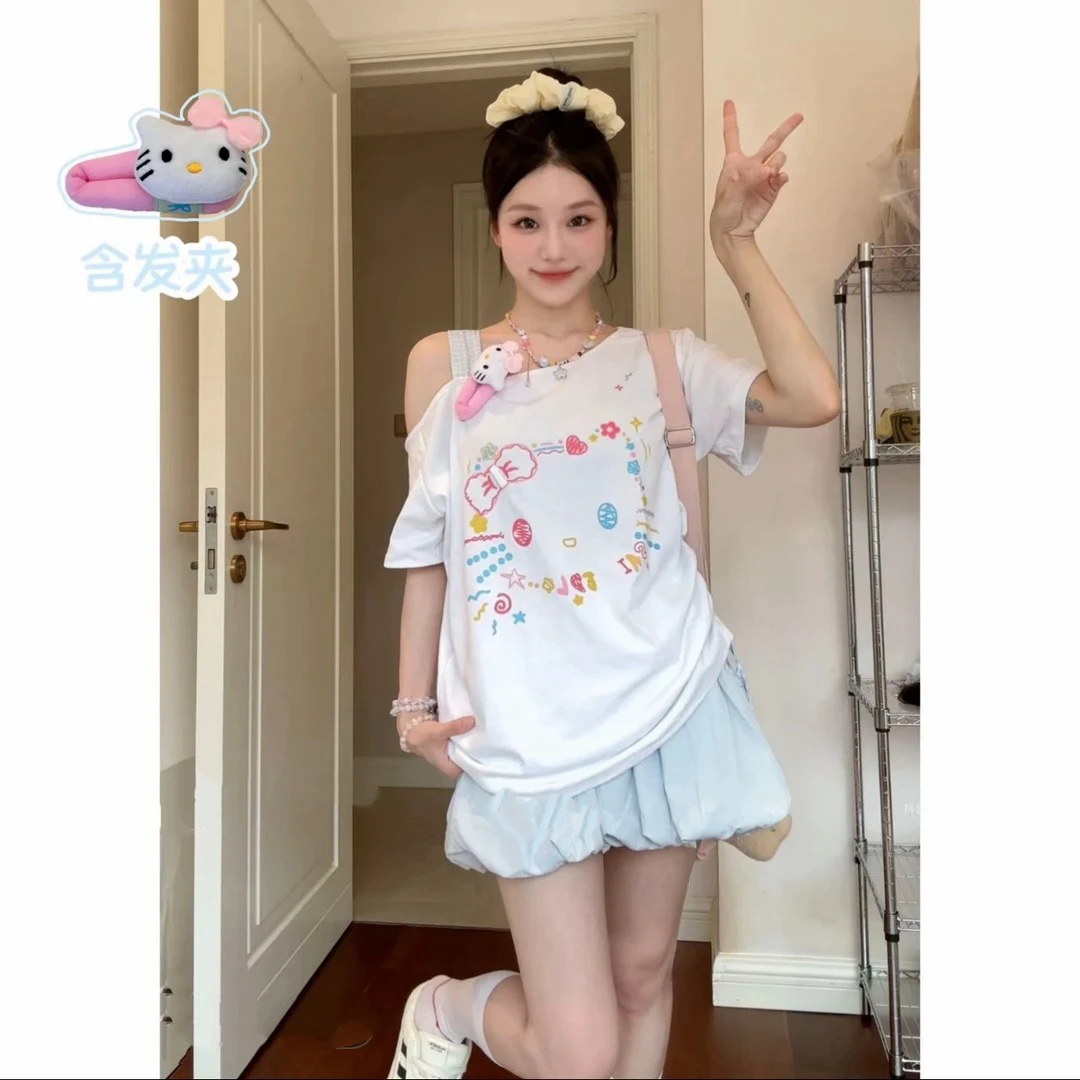 【kitty猫三件套】奶蓝花苞裙斜肩短袖T恤女夏季抽绳宽松显瘦辣妹