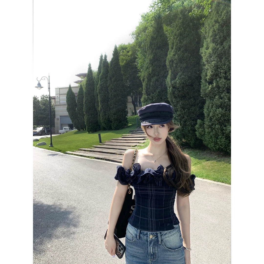 甜心cake'纯欲一字肩花边收腰修身上衣女