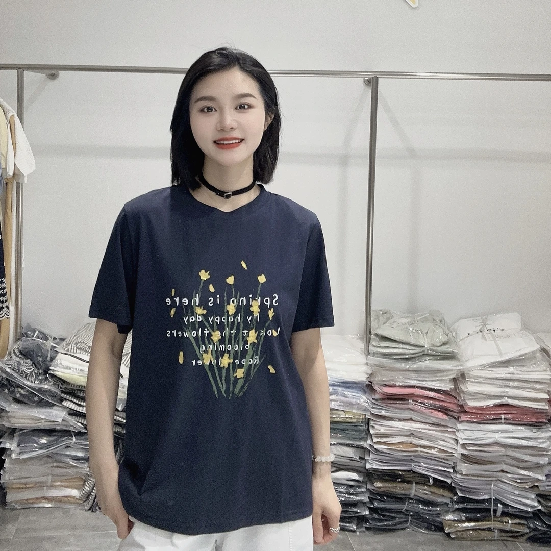 LMM 61036 韩版夏季新款花朵印花短袖T恤女宽松显瘦独特别致减龄