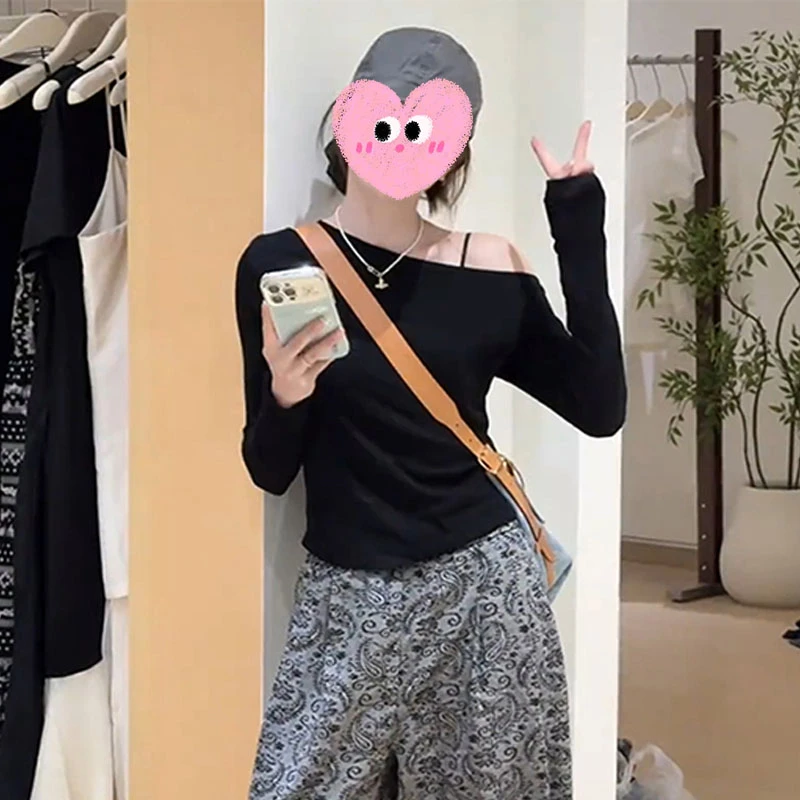 时尚休闲露肩气质长袖T恤女夏季新款韩系修身显瘦防晒罩衫上衣潮