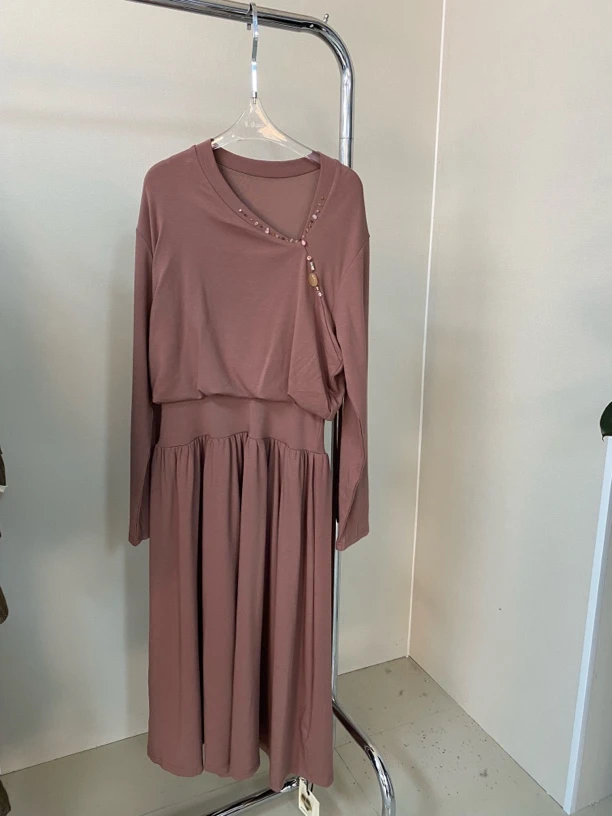 【KIMSS】温柔风减龄斜领设计感皮粉色连衣裙