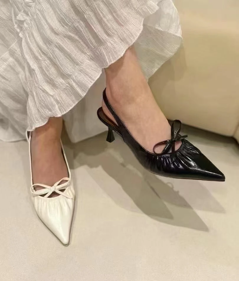 蝴蝶结高跟包头法式尖头时装凉鞋漆皮气质粗跟细跟单鞋