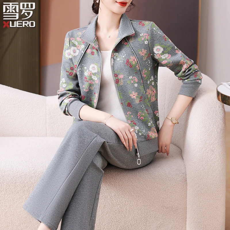 妈妈春装洋气复古花色外套2025新款中老年女装春秋季运动套装大码