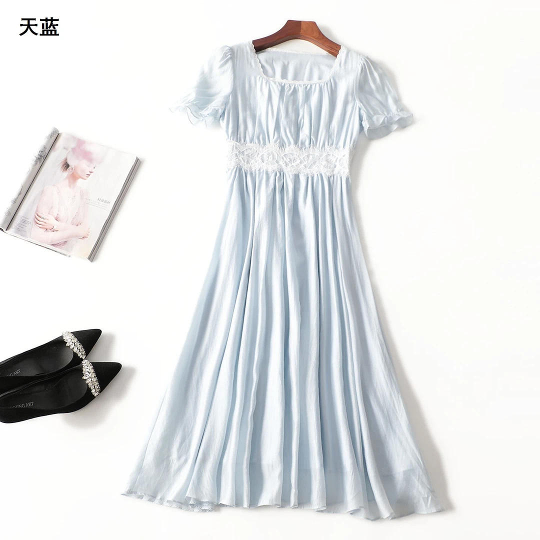 411743夏加长款短袖圆领气质连衣裙夏装女裙中长款长裙夏季裙子