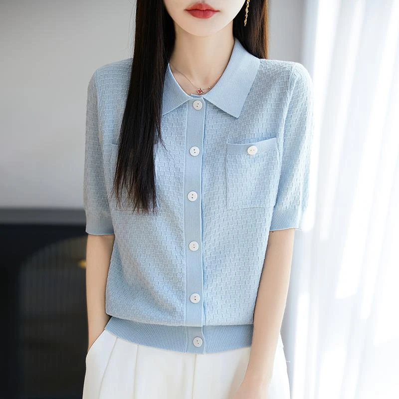 哥弟阿玛施正品2025夏POLO领针织短袖开衫女纯色薄款小个子翻领半