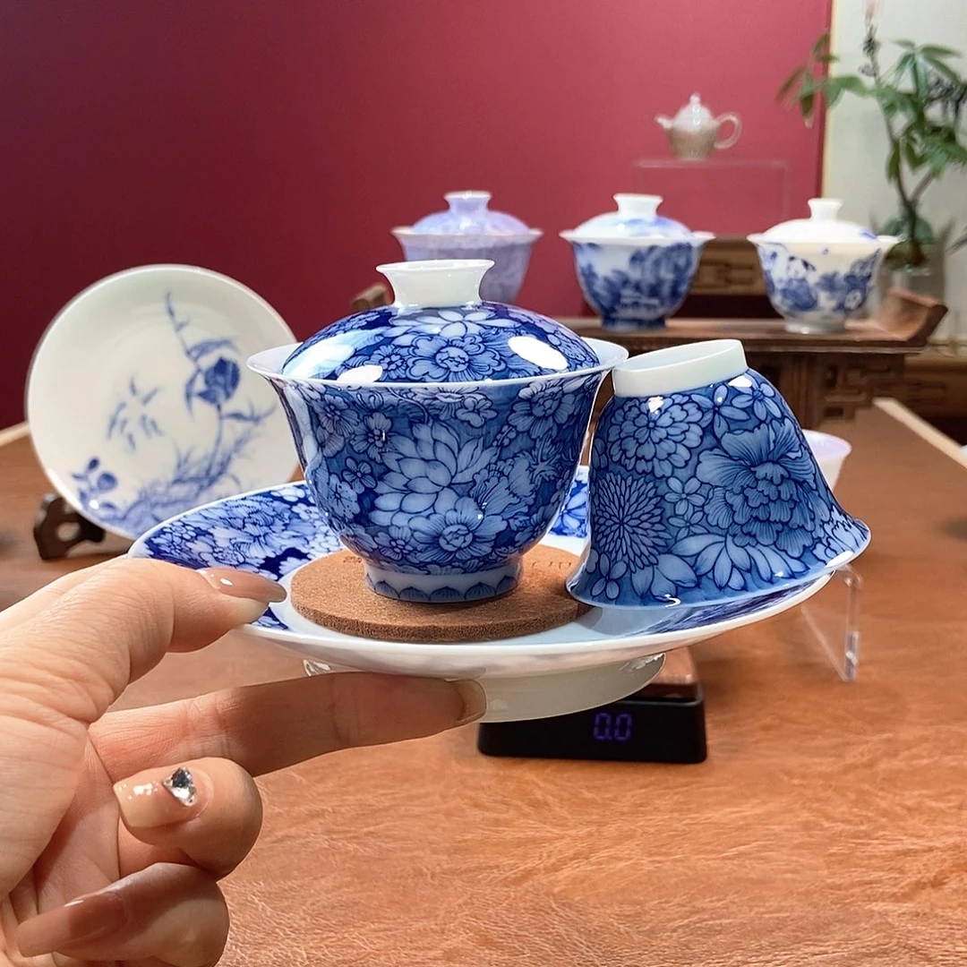 快***仔山月闲薄胎脱胎瓷高温手工微瑕青花万花盖碗十全品套组