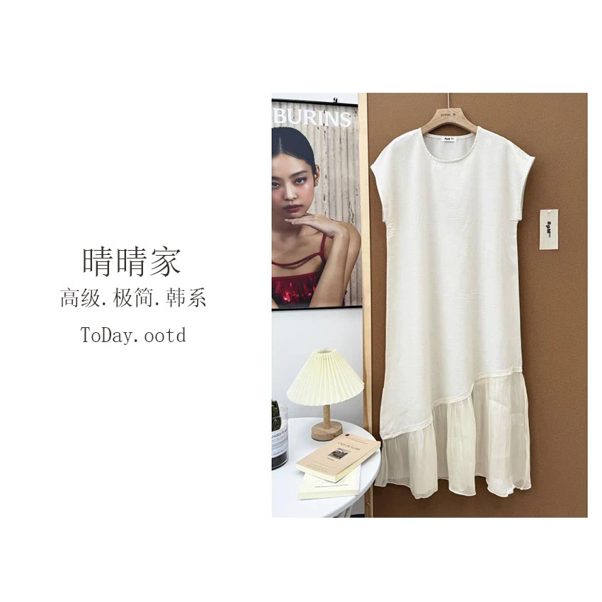 晴晴家-【度假心情】夏季韩系百搭法式复古拼接高级感气质长裙9998