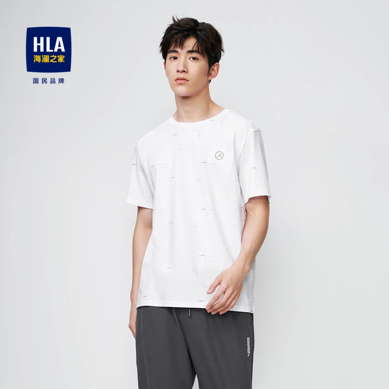 HLA/海澜之家几何线条短袖T恤高周波烫钻印花圆领短t男