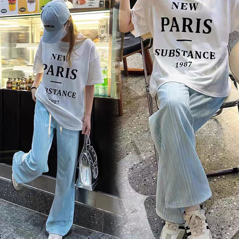 孕妇抽绳阔腿裤多巴胺蓝色通勤百搭高腰显瘦高定牛仔布直筒拖地裤