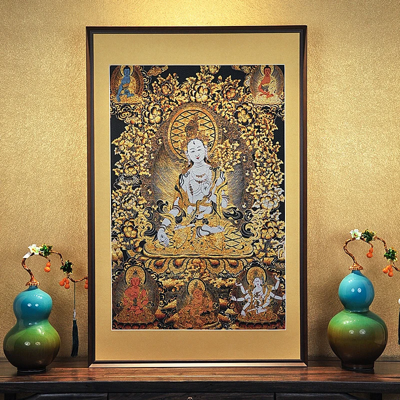 刺绣材质【白度母】挂画实木装裱办公室玄关茶室书房装饰画