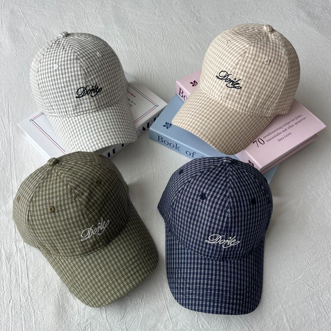 韩版格子字母刺绣棒球帽子女2025新款大头围显脸小百搭软顶鸭舌帽