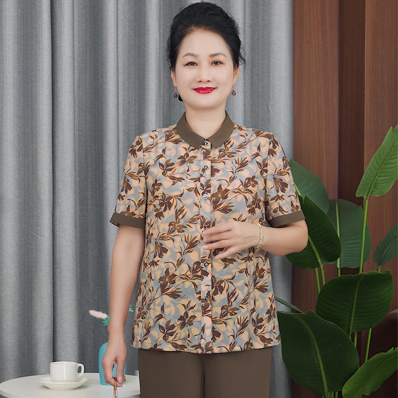 雅鹿夏季翻领气质中老年女装宽松大码短袖衬衫休闲妈妈套装B25888