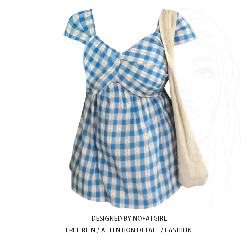 大码胖妹妹法式甜美复古格子衬衫女夏季设计感减龄褶皱小飞袖上衣