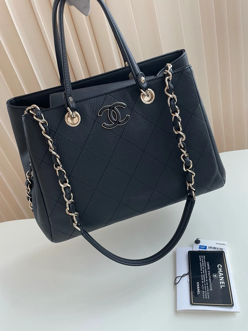 95新 Chanel/香奈儿 1053 Chanel 黑金菱格珐琅扣托特包