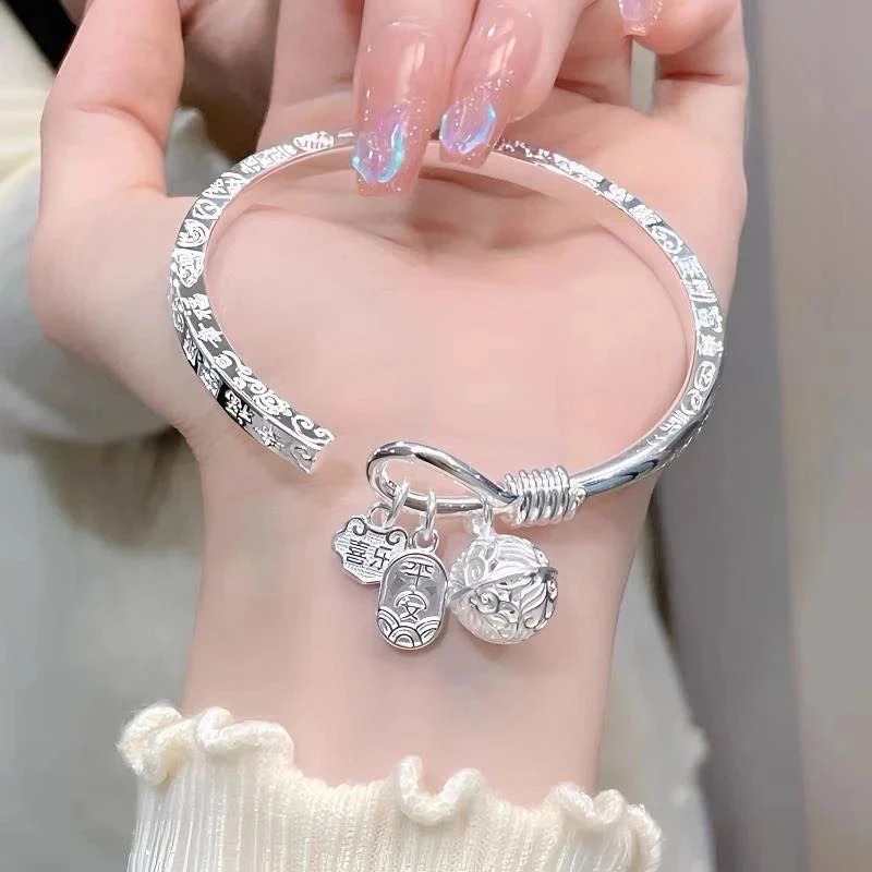 足银手镯 S8吉言安足银999.9开口镯四方宫铃安健康祝福