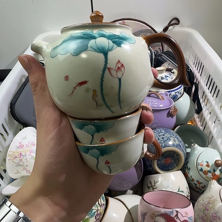 汝窑开片荷花泡茶壶一壶两杯