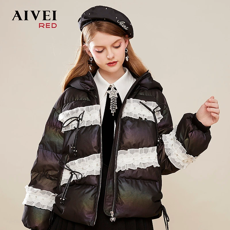 【赵老板专属】AIVEI冬新设计感减龄抽褶蝴蝶结亮面羽绒服Q0660156