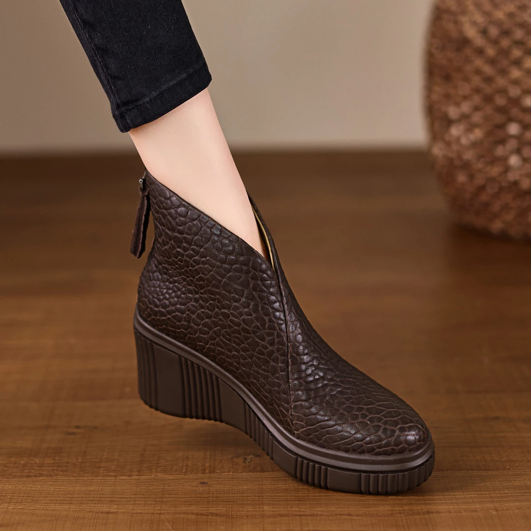 8cm小个子久穿不累脚厚底坡跟短靴V口切尔西靴真皮马丁靴短筒单靴