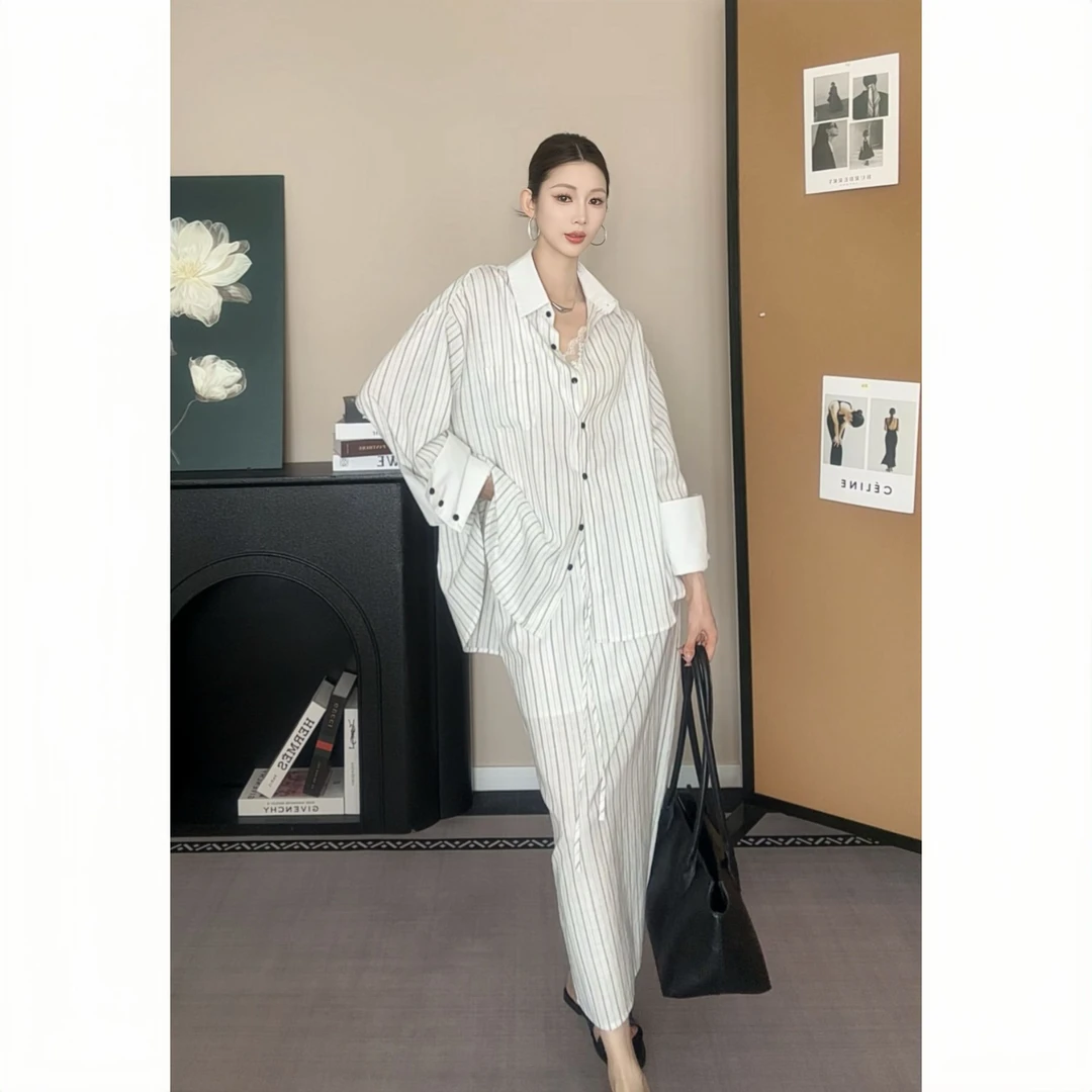条纹亚麻衬衫套装女2025春夏新款慵懒风宽松半身裙通勤百搭两件套