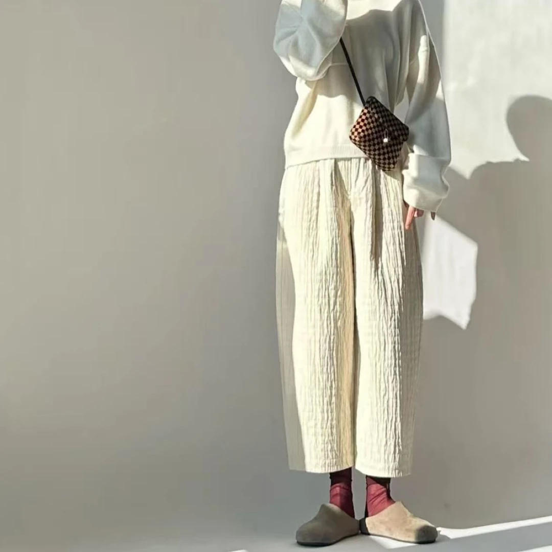 中古诧寂风~非常有调性~肌理格纹微皱松紧腰宽松休闲九分裤奶奶裤