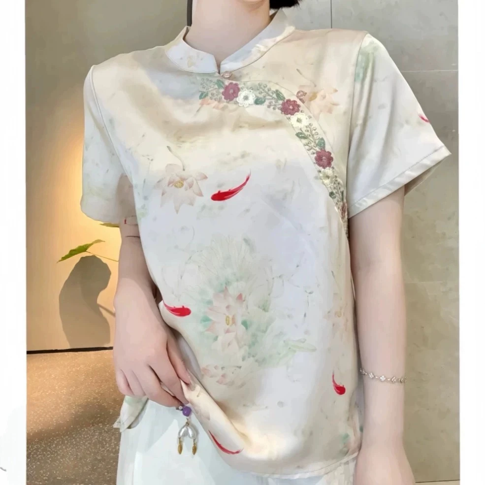 2025新款新中式国风斜襟立领刺绣T恤复古缎面短袖女上衣