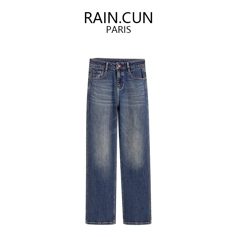 RAIN.CUN秋季高腰窄版直筒牛仔裤女宽松显瘦复古阔腿裤长裤11854