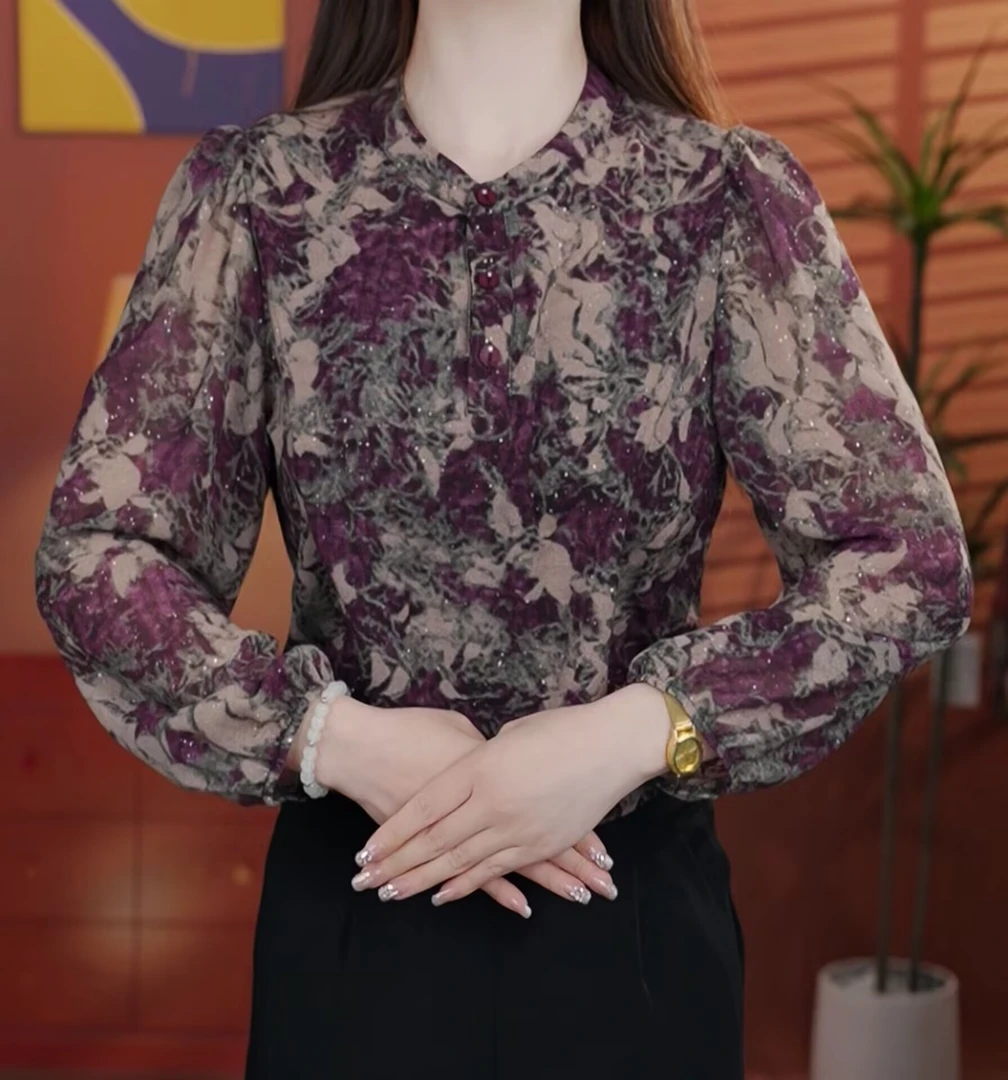 【烫金亮片工艺】春夏薄款九分袖碎花冰丝衬衫大码胖mm显瘦宽松防晒