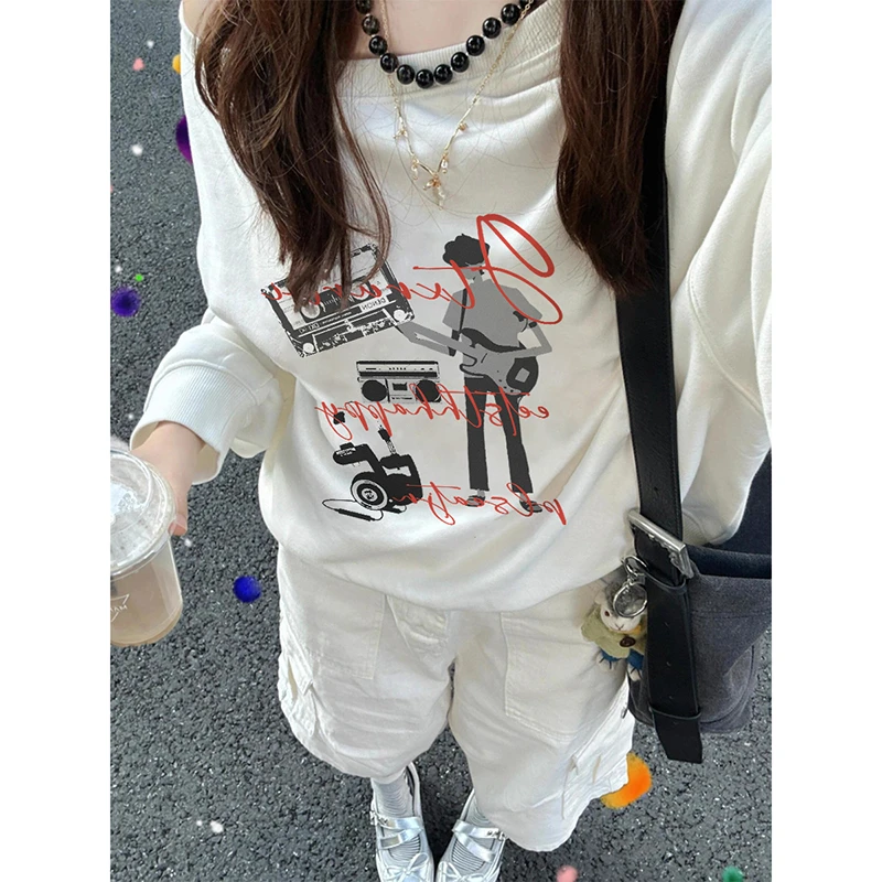 美式辣妹斜肩长袖卫衣女早秋新款机器人乐队印花宽松百搭时尚上衣