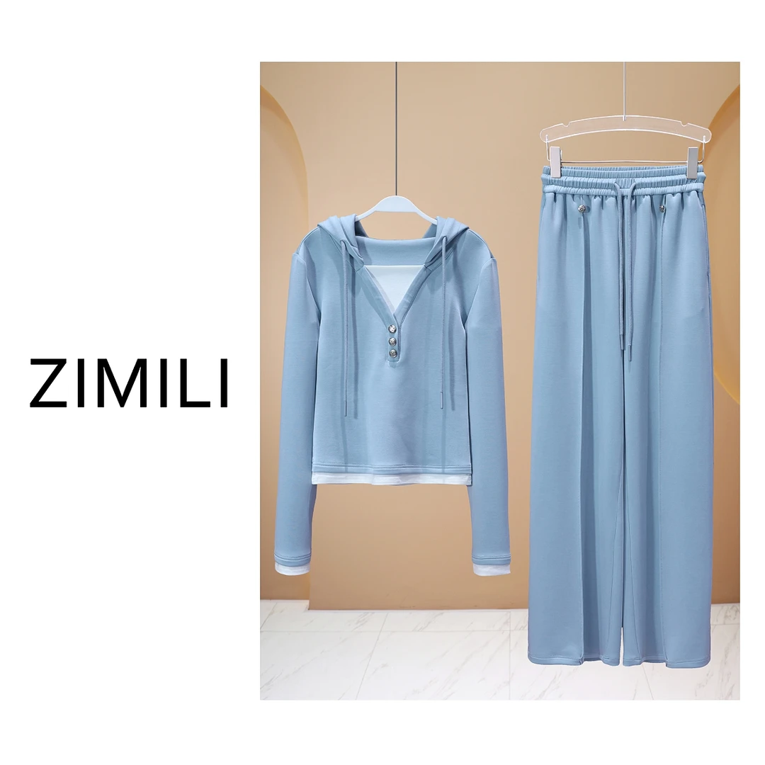 【LIANG哥女装】2025欧版莱赛热轻薄水蓝色假两件连帽休闲套装6212