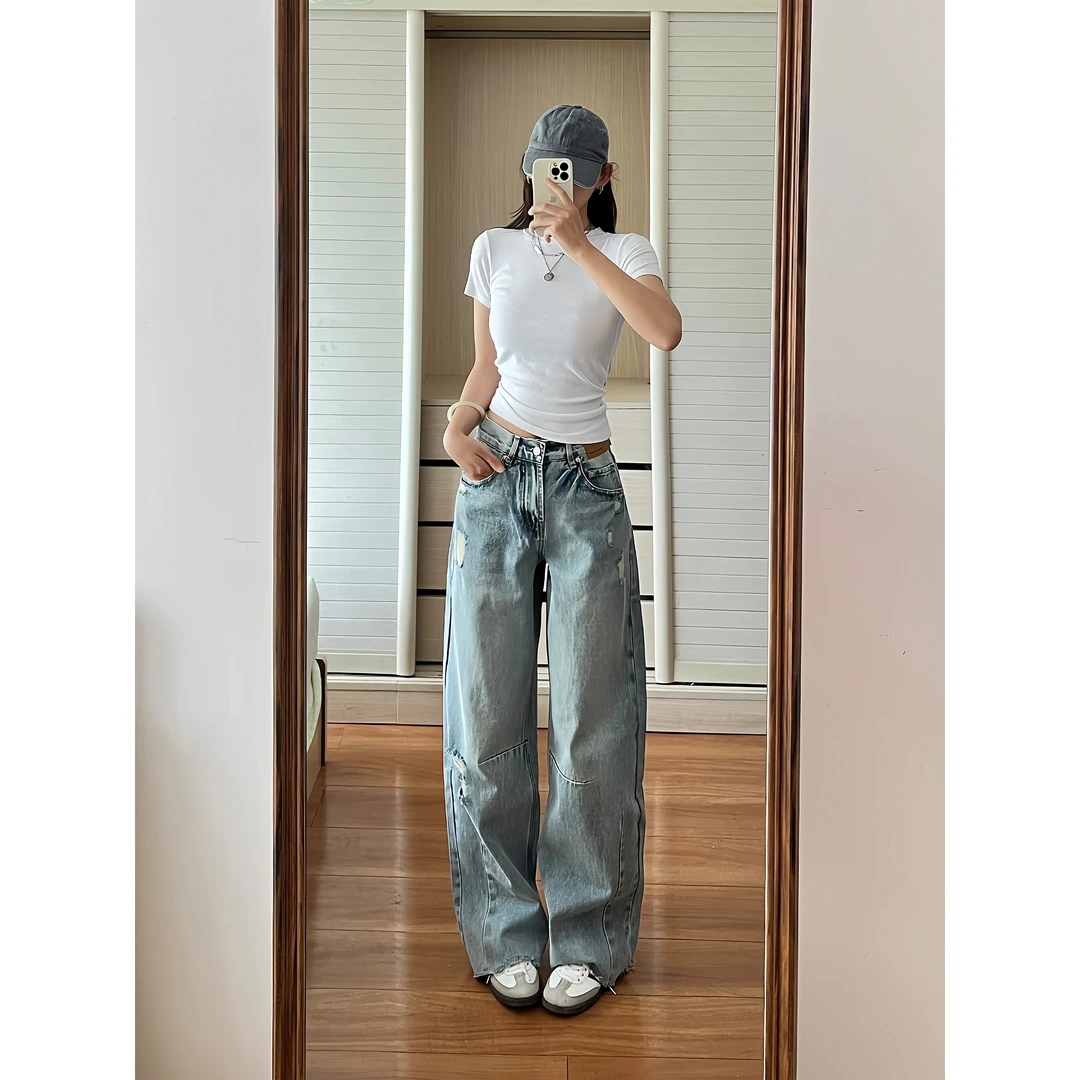 ESEWRD美式复古做旧磨破水洗牛仔裤男女宽松休闲vibe百搭痞帅长裤