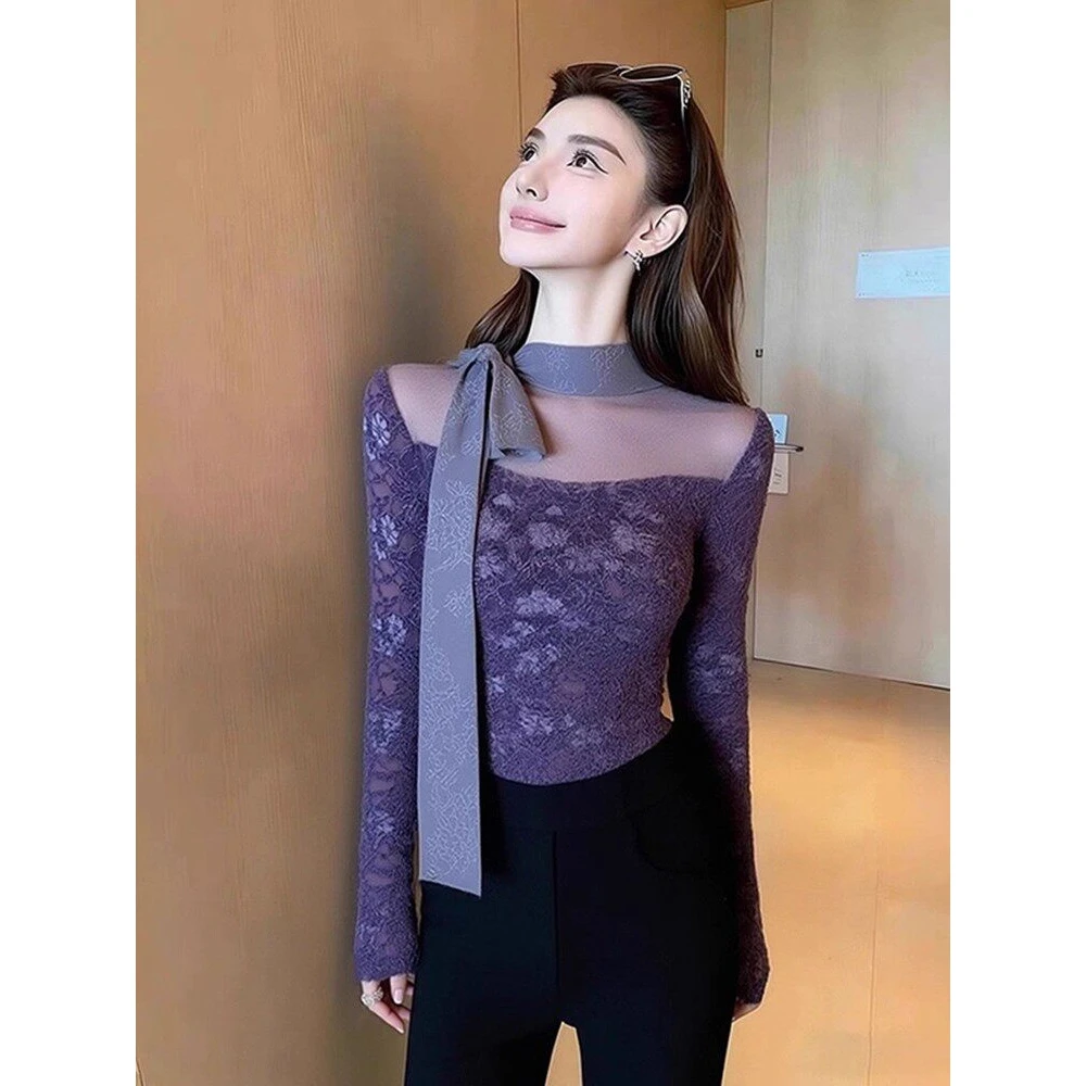 紫色蕾丝内搭打底衫女2025新款冬季蝴蝶结系带洋气T恤超好看上衣