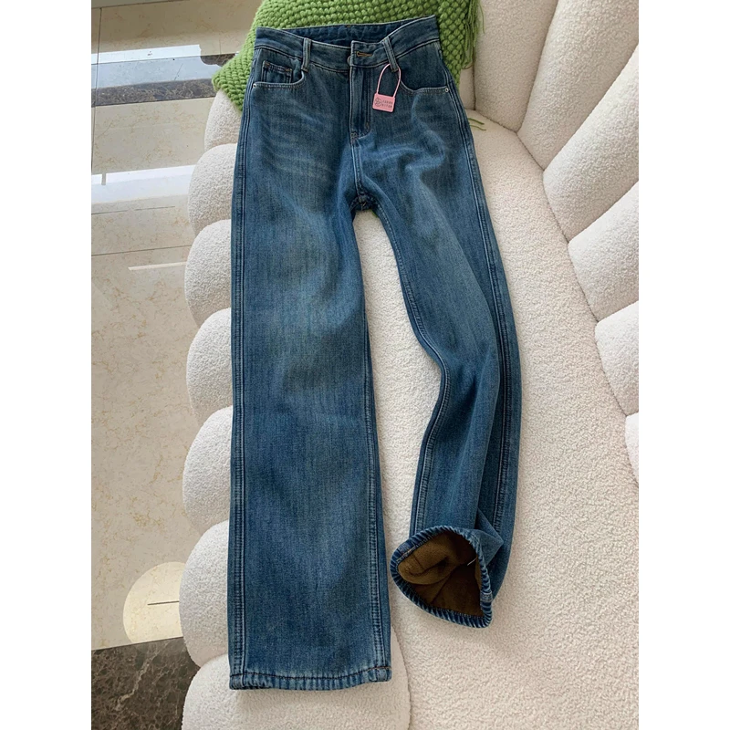 美式复古蓝加绒加厚宽松直筒牛仔裤女秋冬新款高腰显瘦窄版阔腿裤