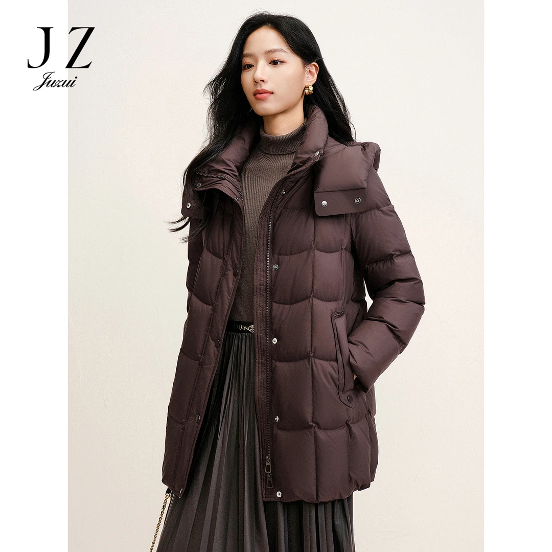 JUZUI玖姿·安娜蔻时尚方格绗缝连帽鸭绒女2025冬季新款JTFD03210