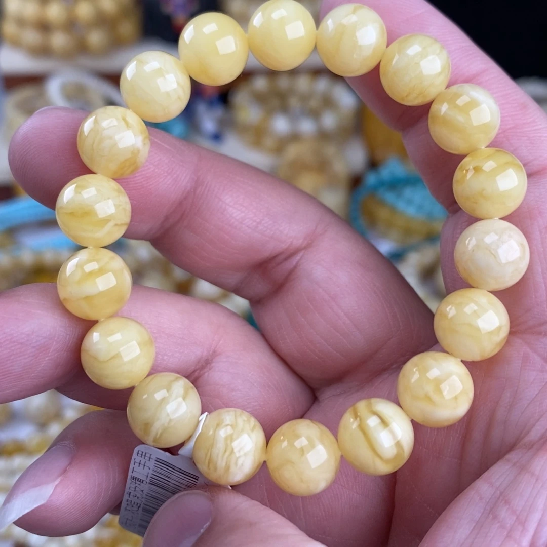 蜜蜡未镶嵌手链浓蜡瓷白花10mm圆珠