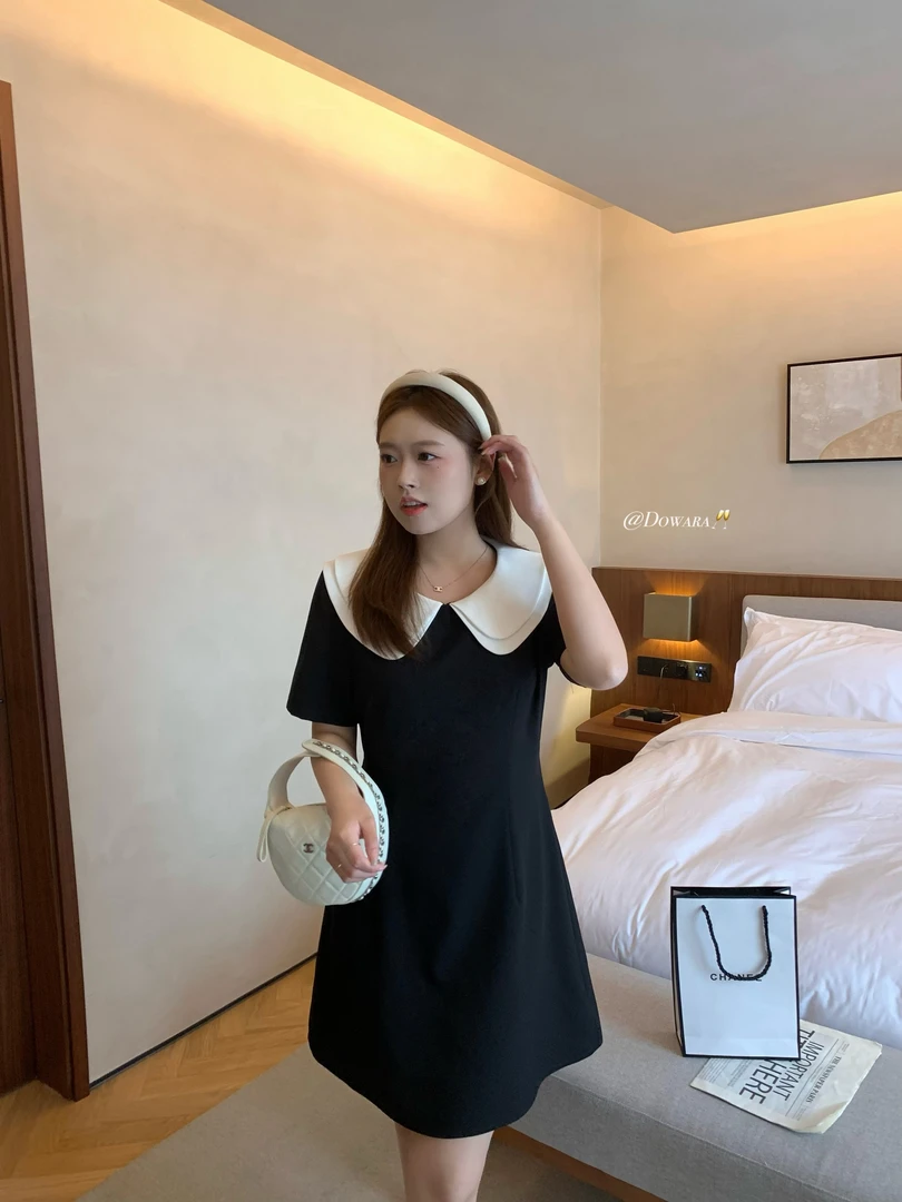 大婉酱肉肉微胖定制双层翻领针织春夏新款2025短袖连衣裙7843D