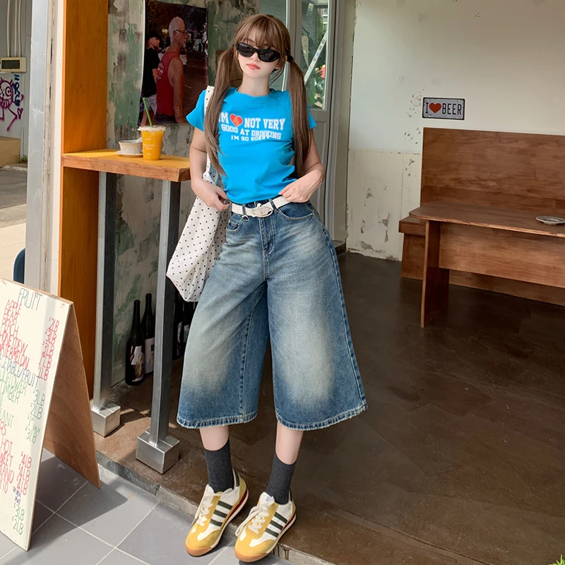 美式复古蓝2025夏季新款小个子七分阔腿牛仔裤高腰显瘦休闲百搭