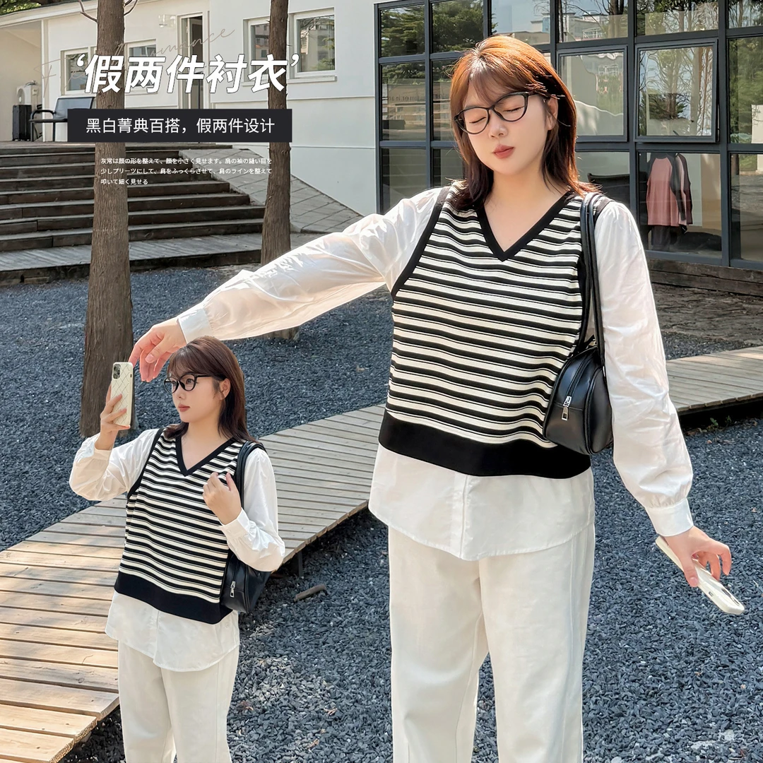 假两件短袖条纹冰丝薄款t恤女2025夏季新款大码女装针织上衣爆款