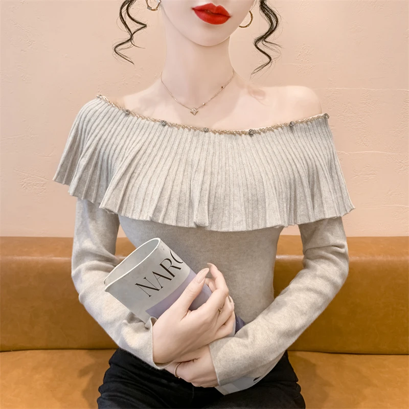 实拍 一字领荷叶边钉钻长袖针织衫秋冬新款显瘦修身打底衫毛衣